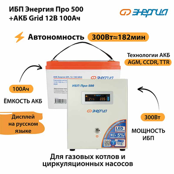ИБП для котла Энергия Про 500 + Аккумулятор Grid 100 Ah 12 v (300Вт - 182мин) - ИБП и АКБ - ИБП для котлов - Магазин электрооборудования для дома ТурбоВольт